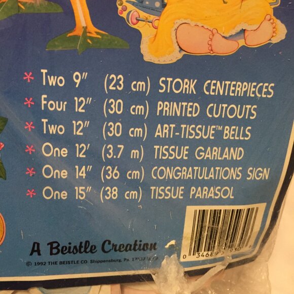 VTG 90's BEISTLE Baby Shower Decorations Honeycomb, Garland/14" Stork NEW SEALED - Picture 6 of 12